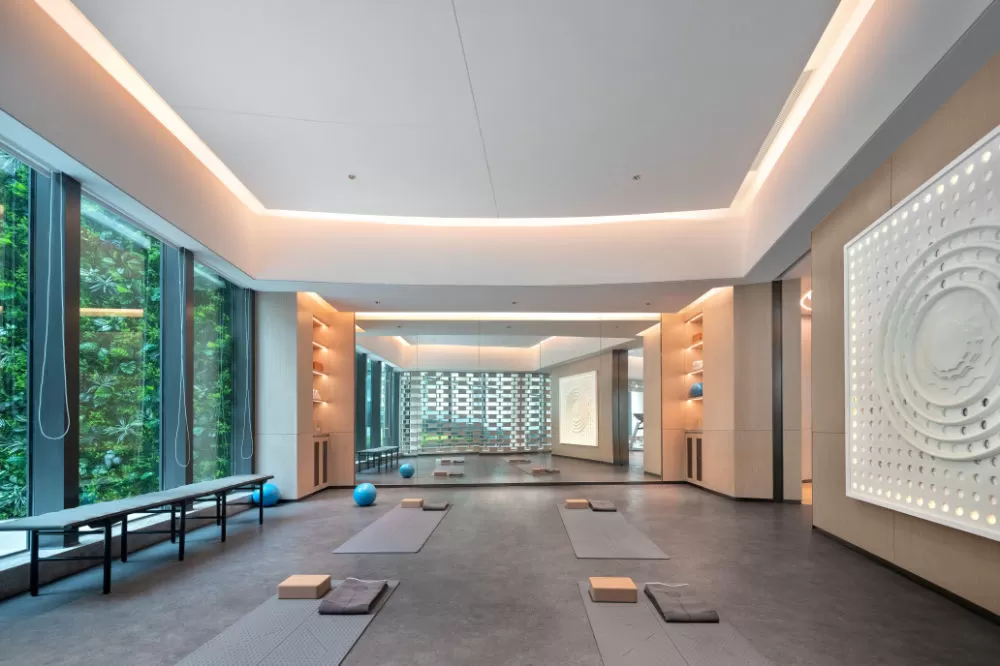 An empty wellness studio with mats, blocks and folded towels laid out, a living green wall behind the glazed wall